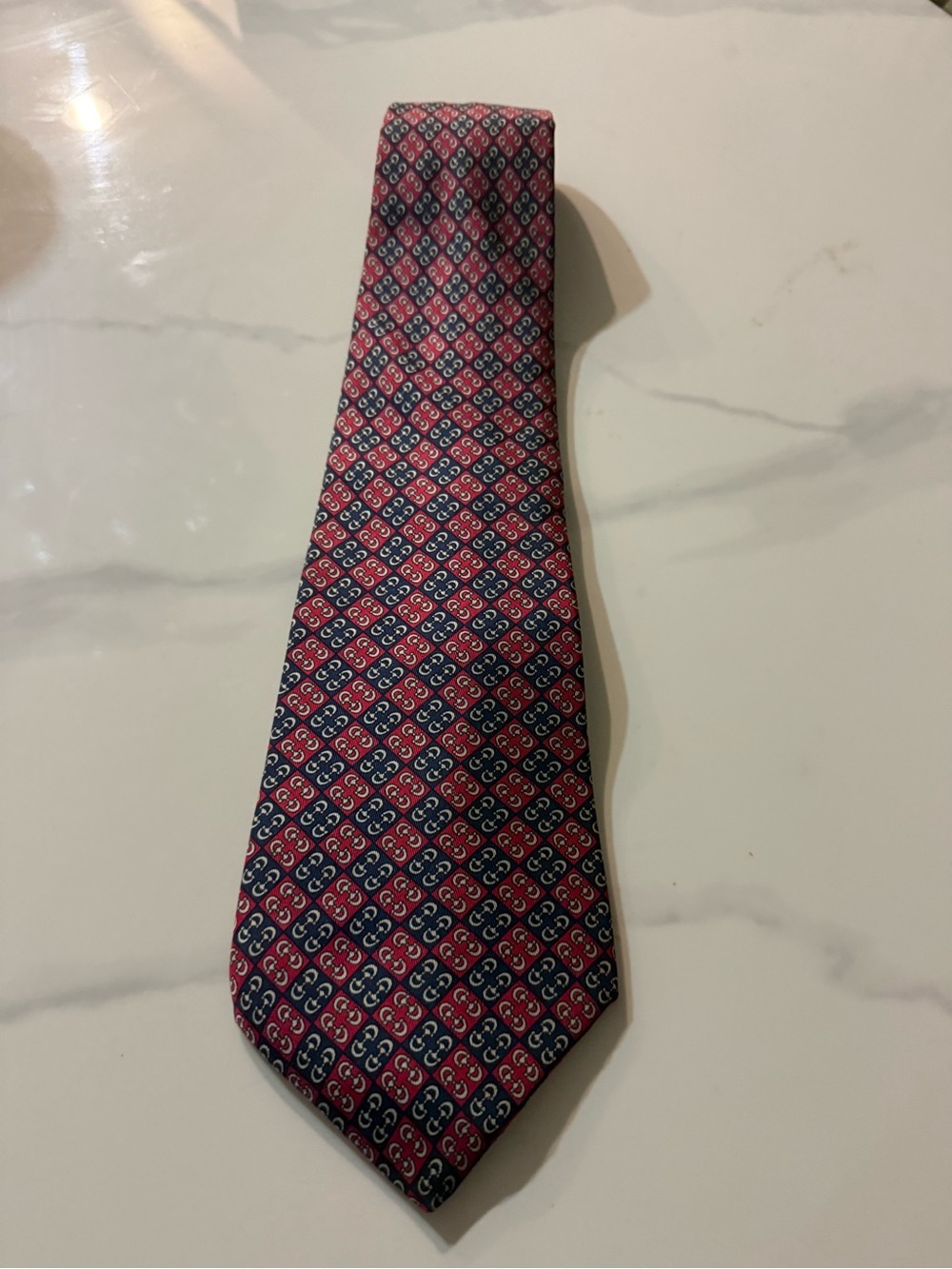 Vintage Celine Navy and Red Patterned Silk Tie